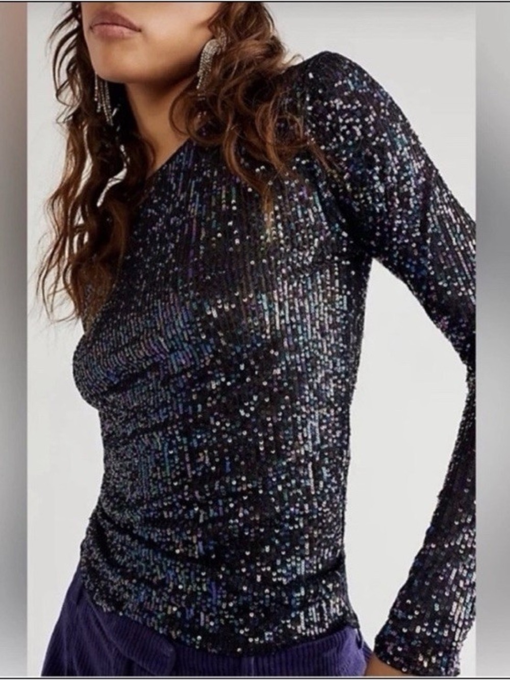 Free People Black Holographic Sequin Long-Sleeve Top